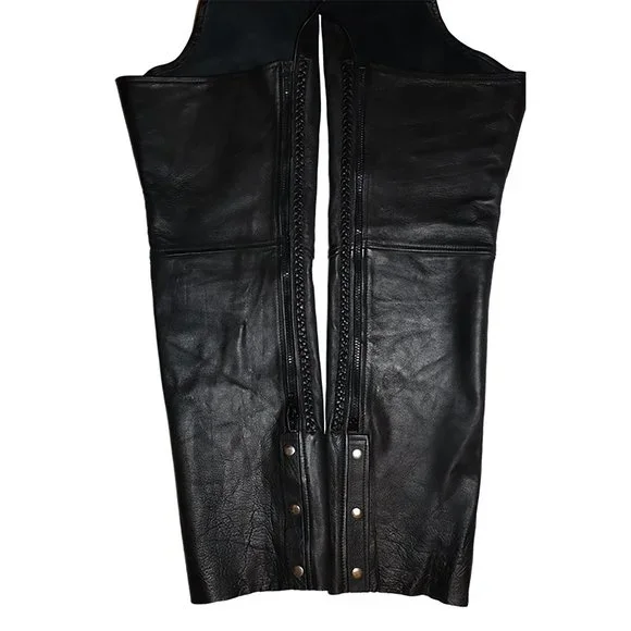 Vintage Black Genuine Leather Motorcycle Riding Chaps Heavy Leather Halloween - Picture 5 of 11